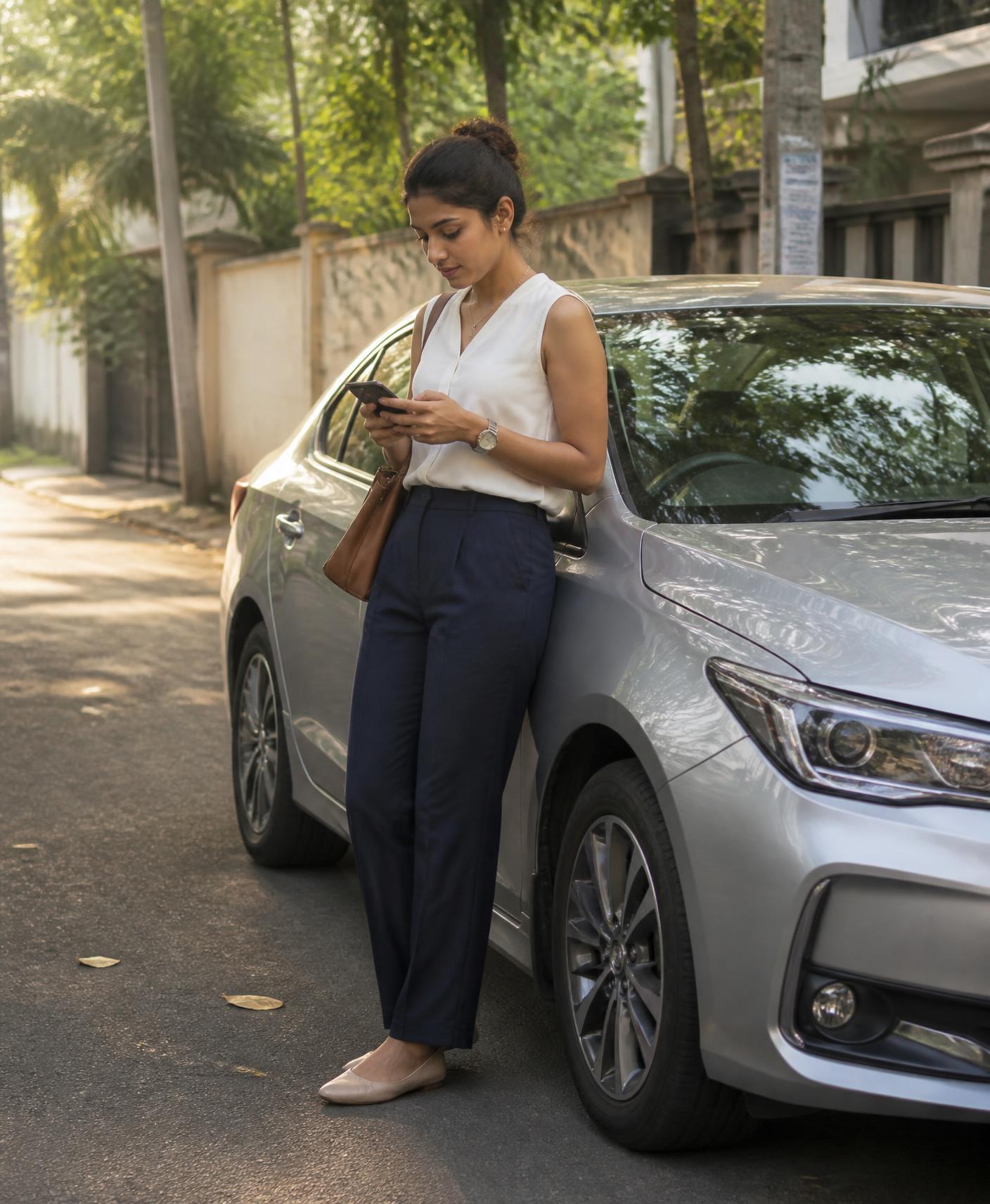 A private vehicle owner standing beside her own car before an evening commute